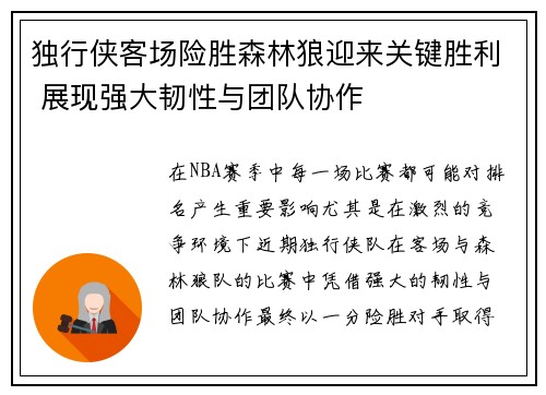 独行侠客场险胜森林狼迎来关键胜利 展现强大韧性与团队协作