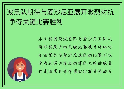 波黑队期待与爱沙尼亚展开激烈对抗 争夺关键比赛胜利
