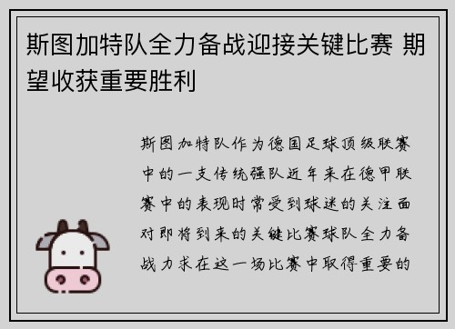 斯图加特队全力备战迎接关键比赛 期望收获重要胜利