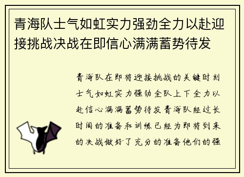 青海队士气如虹实力强劲全力以赴迎接挑战决战在即信心满满蓄势待发