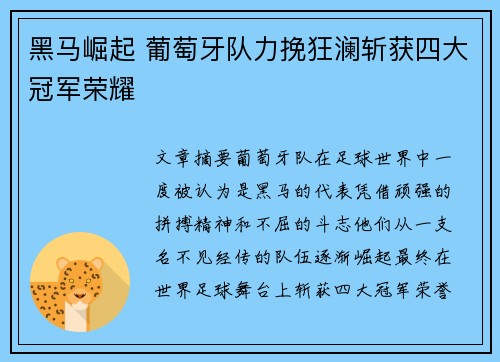 黑马崛起 葡萄牙队力挽狂澜斩获四大冠军荣耀